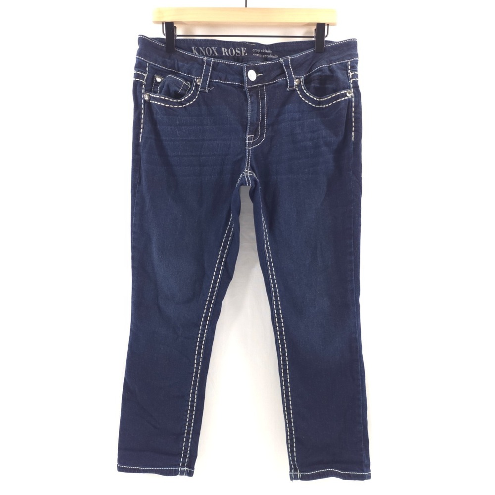 Knox Rose Womens Crop Skinny Jeans 12 Blue Dark Wash Thick Stitch Crystal Boho